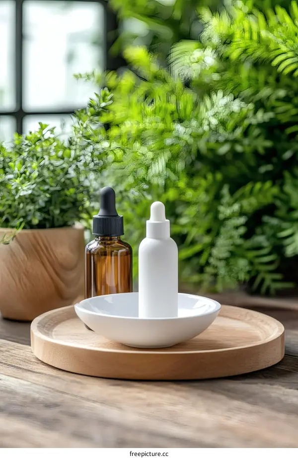 Natural Essential Oils Bottles on Wooden Tray