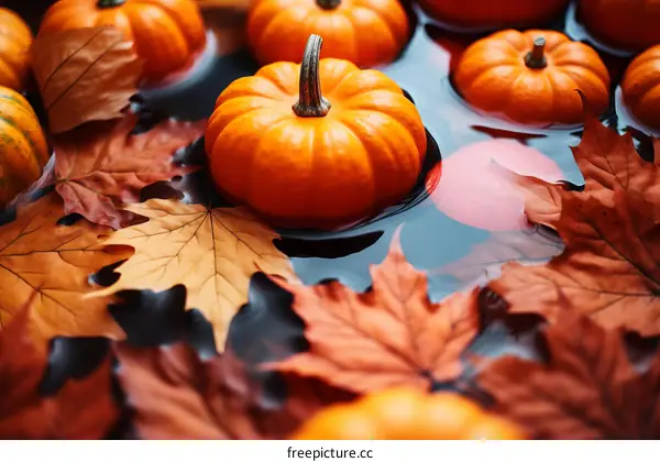 Autumn Hues: Vibrant Pumpkins and Foliage Adorn Tranquil Water