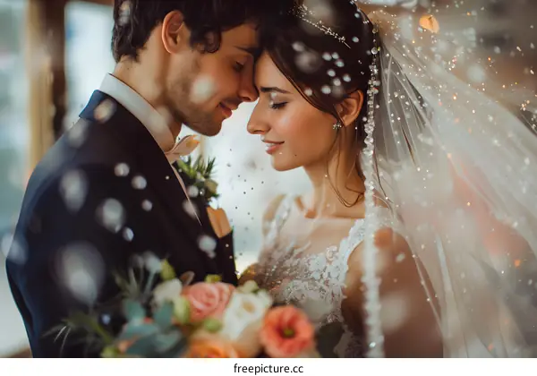 The bride and groom share a tender moment during their wedding ceremony