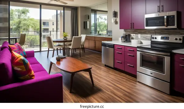 Modern purple kitchen with stainless steel appliances