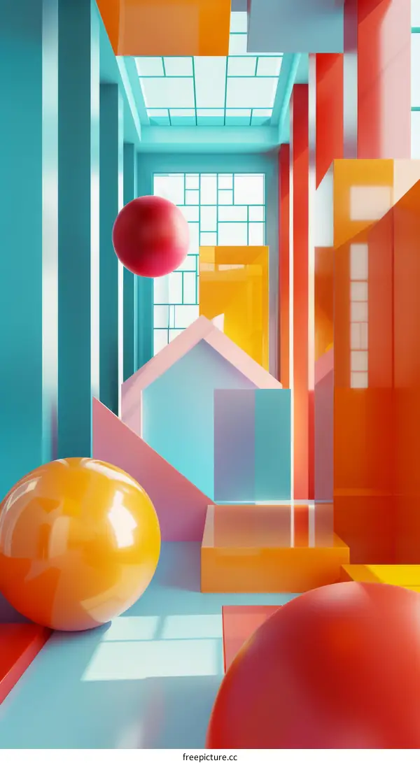 Surreal 3D render of geometric room with floating spheres