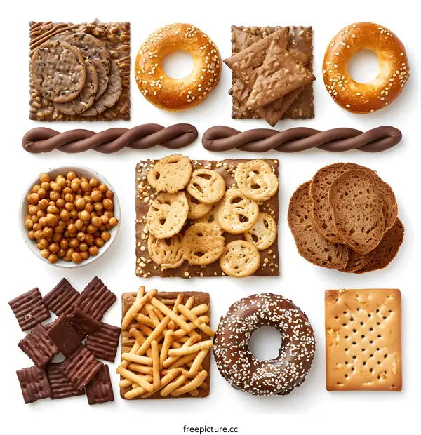 Variety of Snacks and Crackers on White Background