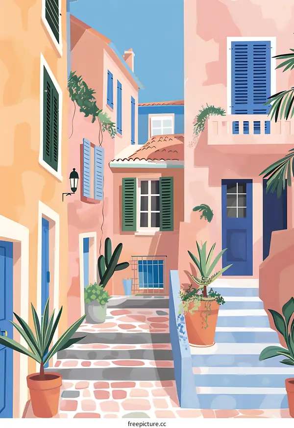 Mediterranean Style Illustration of a Narrow Alleyway with Pink Buildings