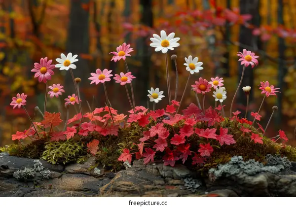 Colorful Flowers and Leaves in the Forest
