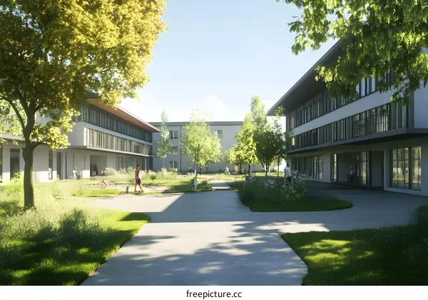 Modern Courtyard Building with Greenery and People Walking