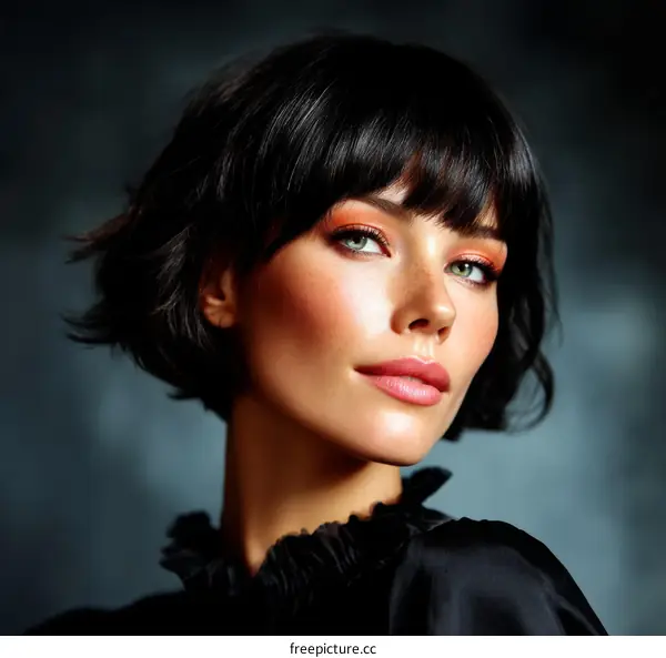 Beautiful Woman with Chic Short Hair and Fashionable Makeup