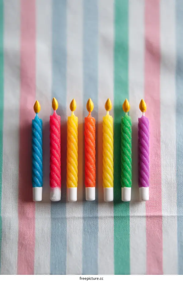 Colorful Birthday Candles on Striped Tablecloth