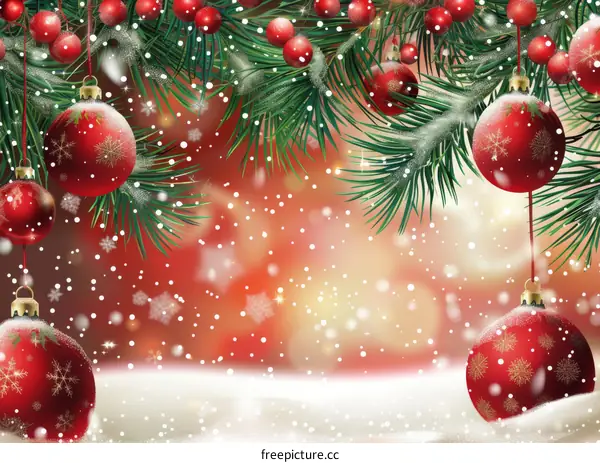 Red Christmas Ornament Background with Fir Branches and Snow