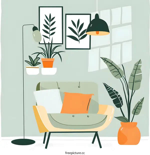 Green Living Room Interior Design with Armchair and Plants