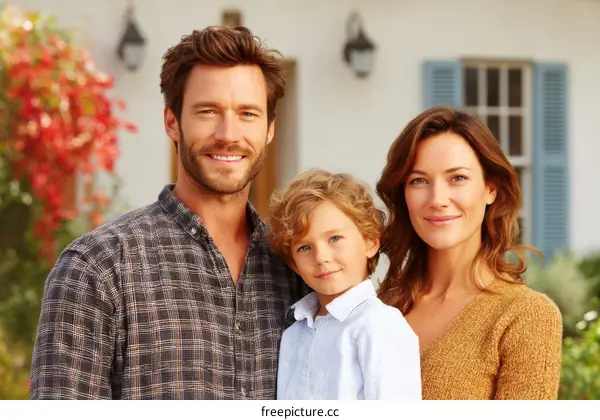 Happy Family Portrait in Front of a House