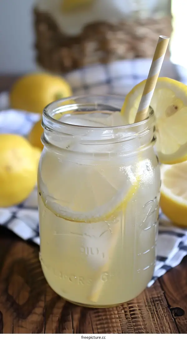 Lemonade in Mason Jar With Straw and Lemon Slices