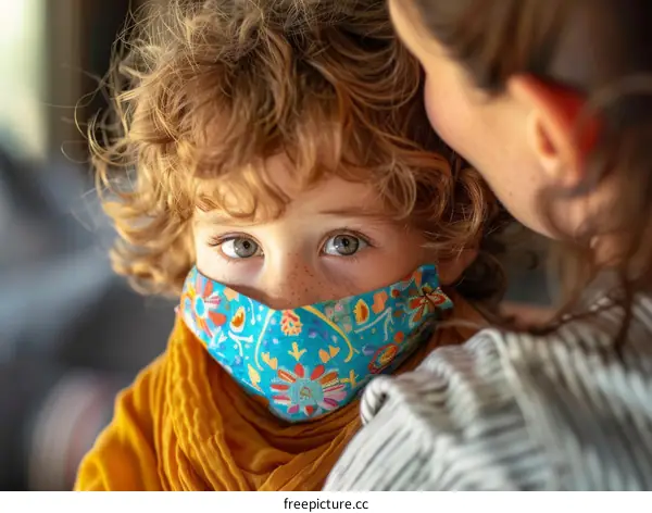 Toddler wearing a facial mask with floral pattern