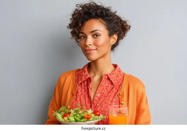 Woman Holding Salad and Drink Portrait
