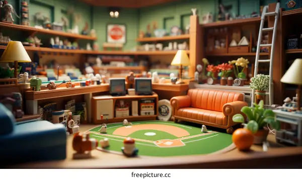 Miniature Baseball Stadium with Display Case and Couch