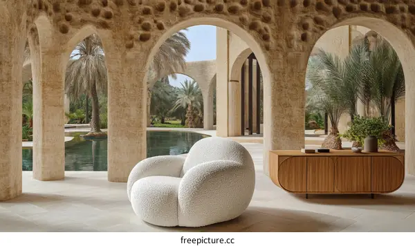 Modern Beige Interior with Arched Stone Walls