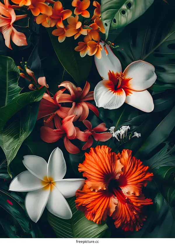 Tropical Flowers and Leaves Background