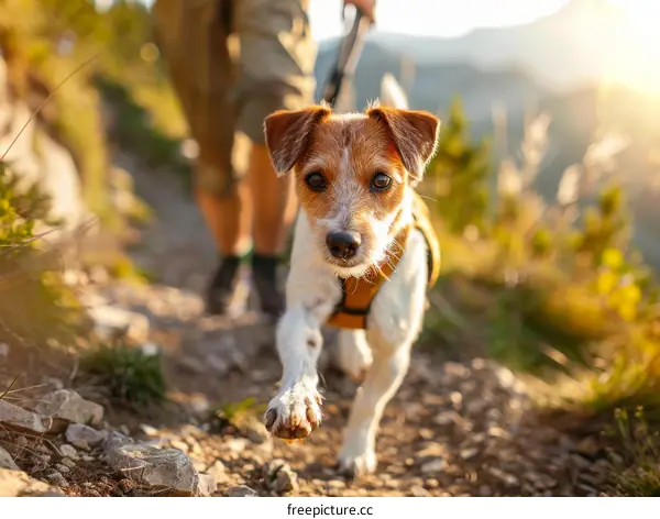 Dog Hiking with Owner on Mountain Trail