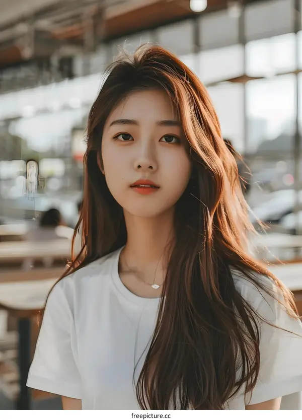 Young Asian Woman with Long Brown Hair Looking at Camera