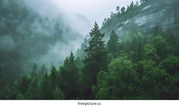 Misty Green Forest with Trees
