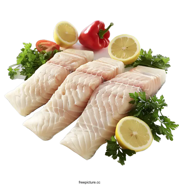 [Transparent Background PNG]Fresh fish fillets with lemon and parsley
