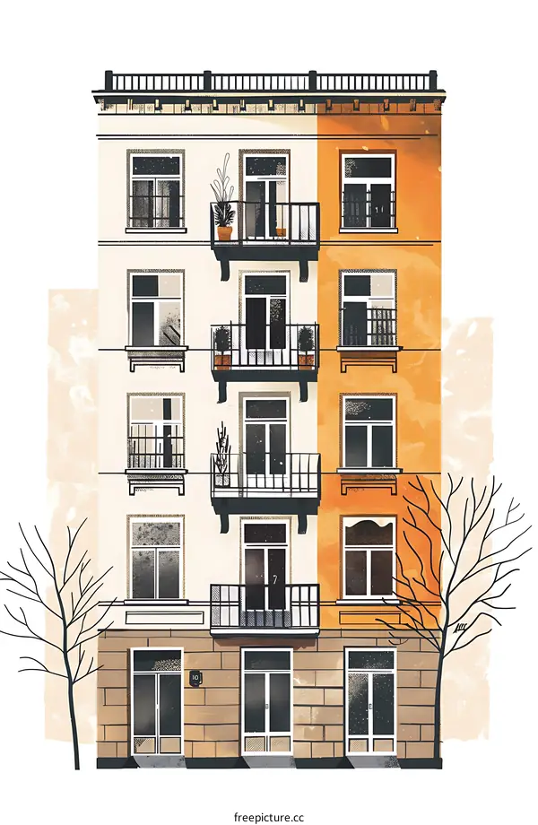 Modern Minimalist Illustration of Building Facade with Balconies