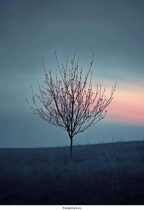 Lone Tree Silhouette in a Field at Dusk