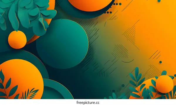 Abstract Geometric Shapes With Green Leaves On Orange Background