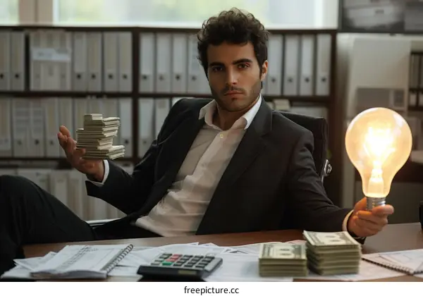 Businessman with money and light bulb in hands sitting at desk in office