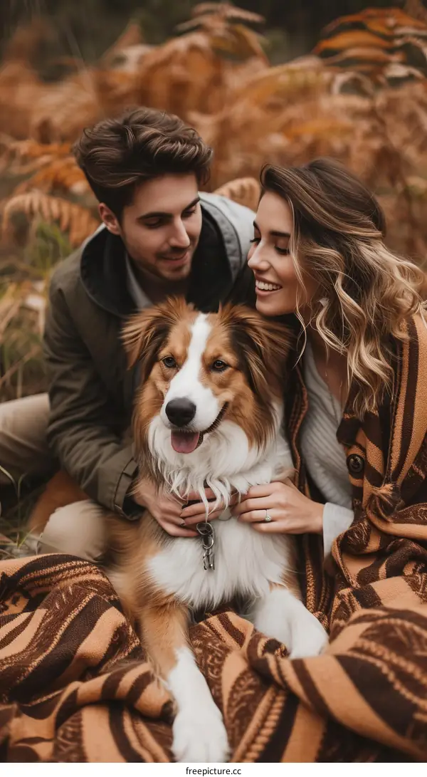 A young couple is sitting on a blanket in the woods with their dog