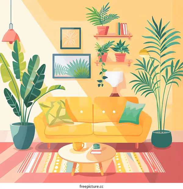 Living Room Interior Design with Yellow Sofa and Plants
