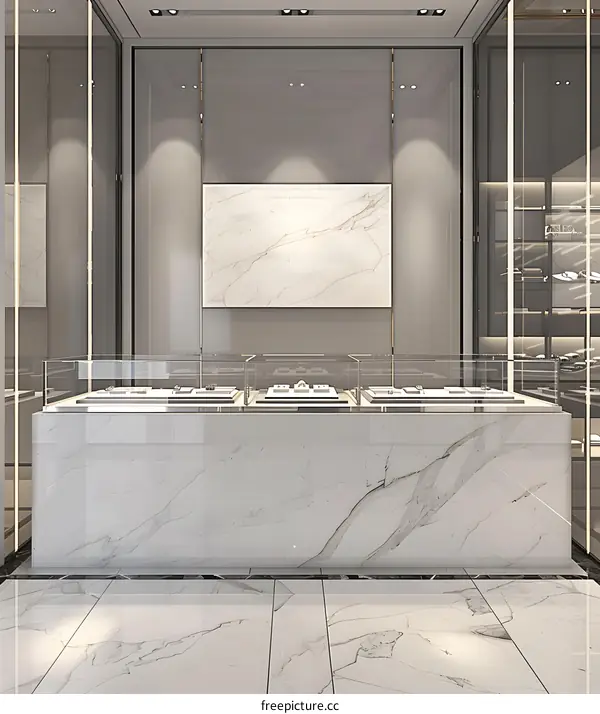 Modern Jewelry Store Interior Design with White Marble and Glass Display Cases