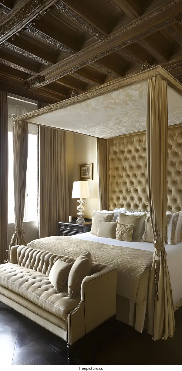 Elegant Bedroom with Canopy Bed and Wooden Ceiling