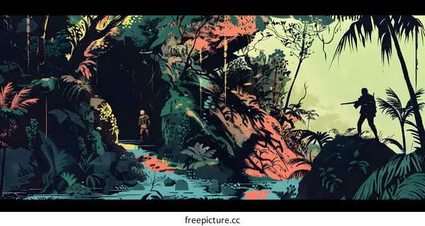 Jungle Illustration with Silhouettes of Two People