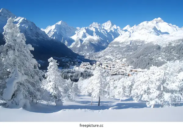 Snowy Mountain Range With Village in the Valley