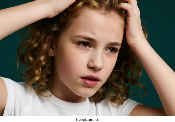Young Girl with Curly Hair Looking Anxious While Holding Head