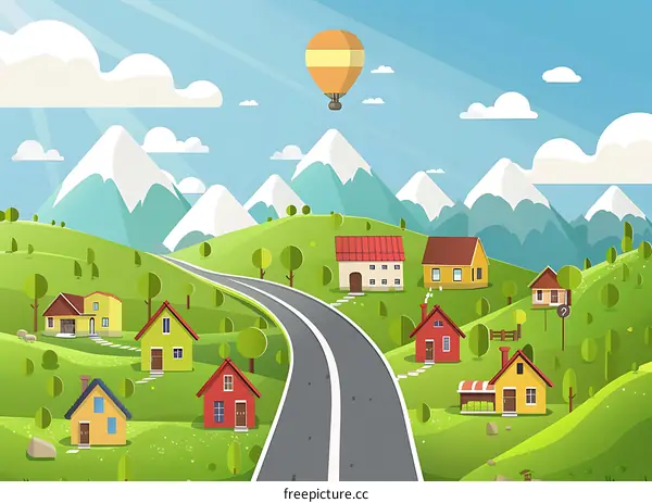 Mountain Road With Hot Air Balloon