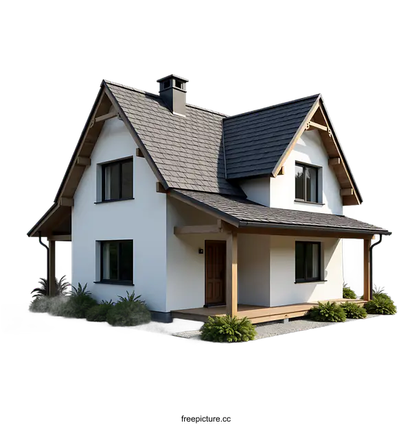 [Transparent Background PNG]Modern White House with Grey Roof and Wooden Porch