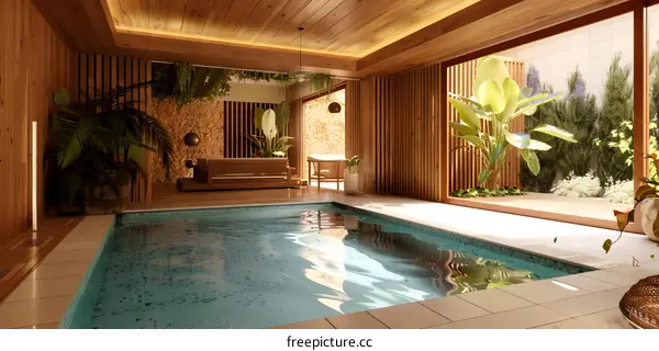 Modern Indoor Swimming Pool with Wooden Walls and Plants