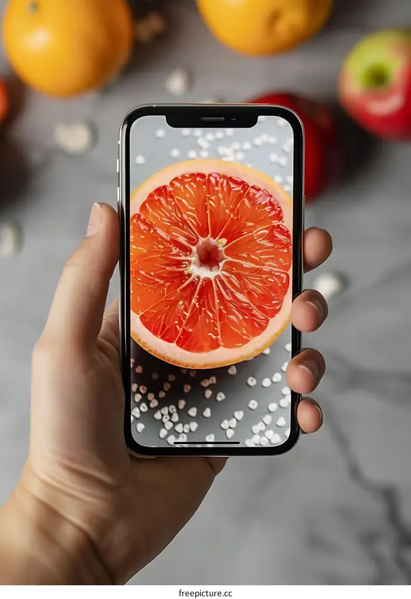 Closeup of Hand Holding Smartphone Showing a Half Grapefruit