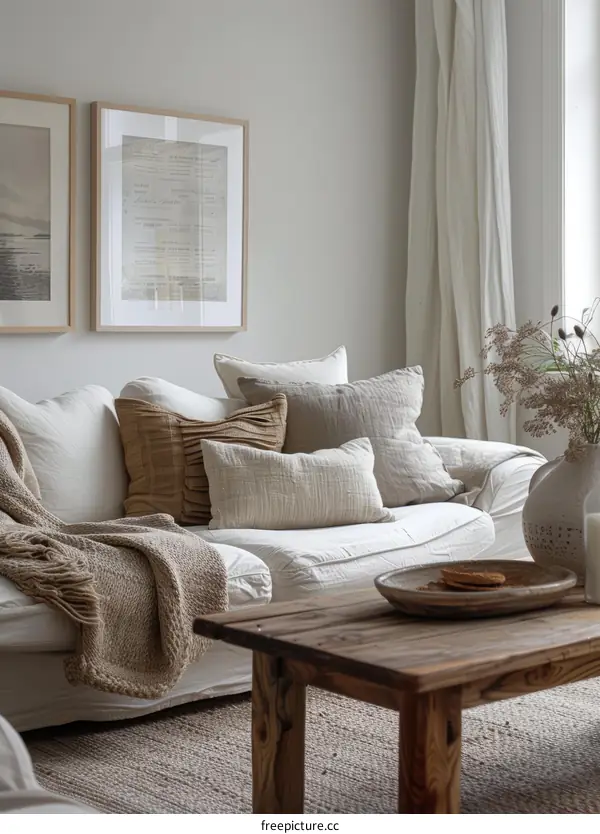 Cozy living room with white sofa, wooden table and vase of flowers