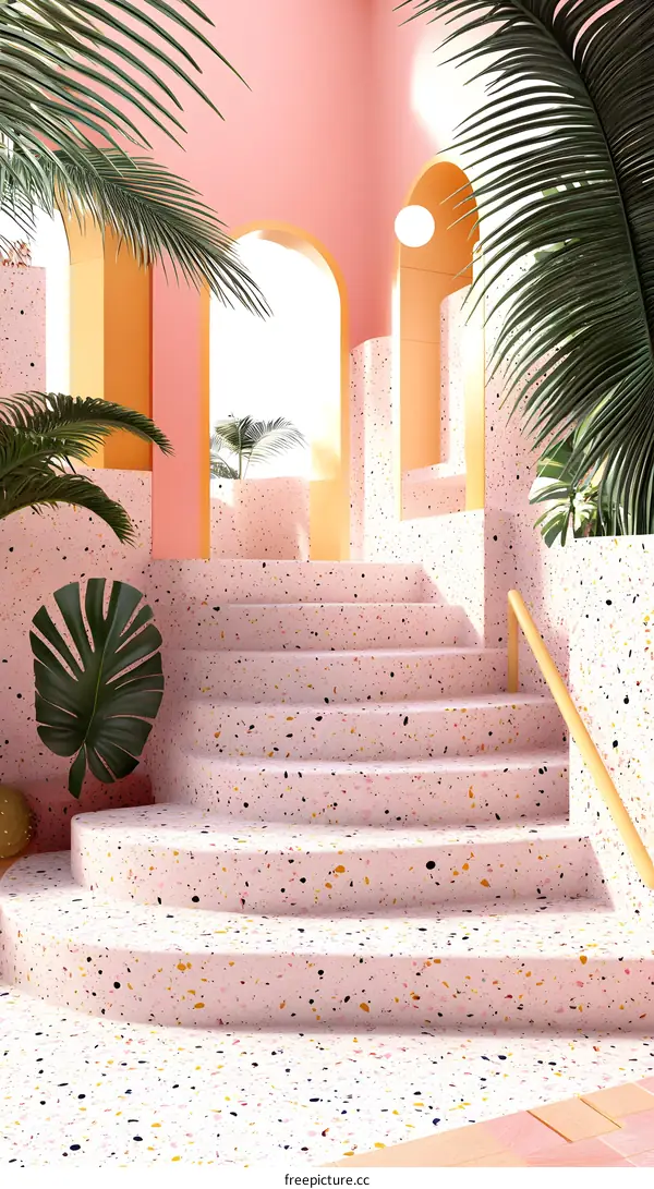 Pink Terrazzo Stairs with Palm Trees and Arches