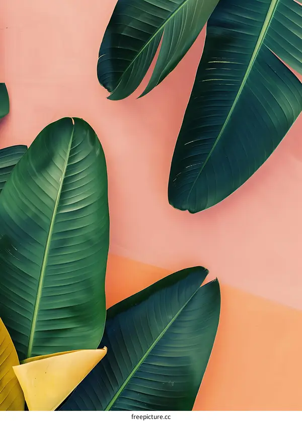 Green Leaves on Pink and Orange Background