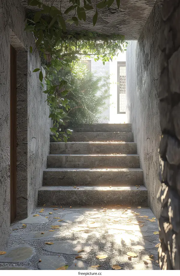 Sunlight shining through the leaves of a plant and illuminating a stone staircase