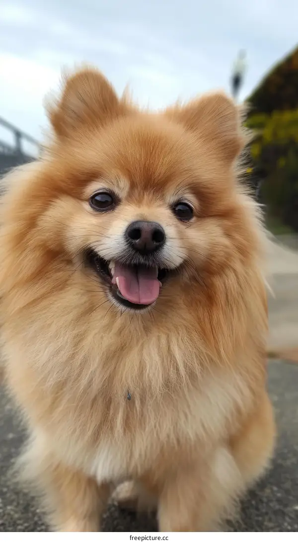 A fluffy brown Pomeranian dog is smiling with its tongue out
