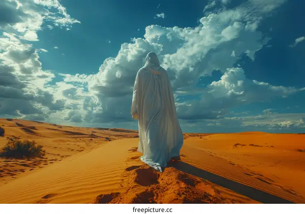 A figure in a white robe walks through a desert landscape