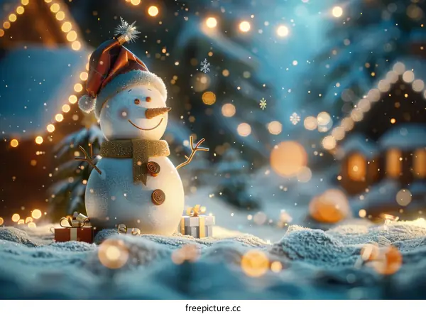 A happy snowman stands in a snowy forest with a starry night sky.