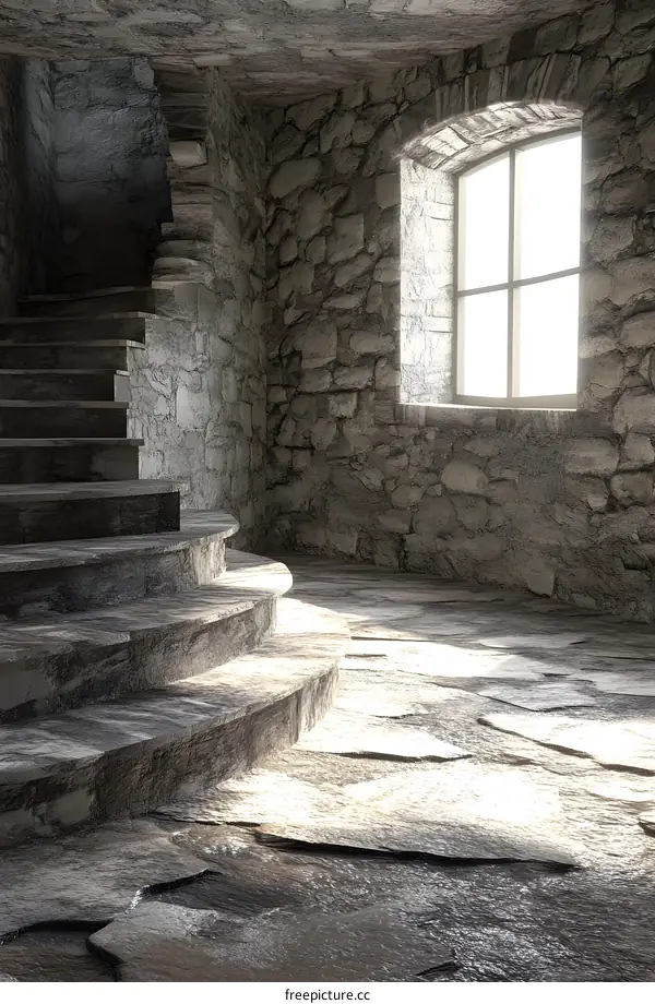 Stone Staircase and Window in a Dark Room