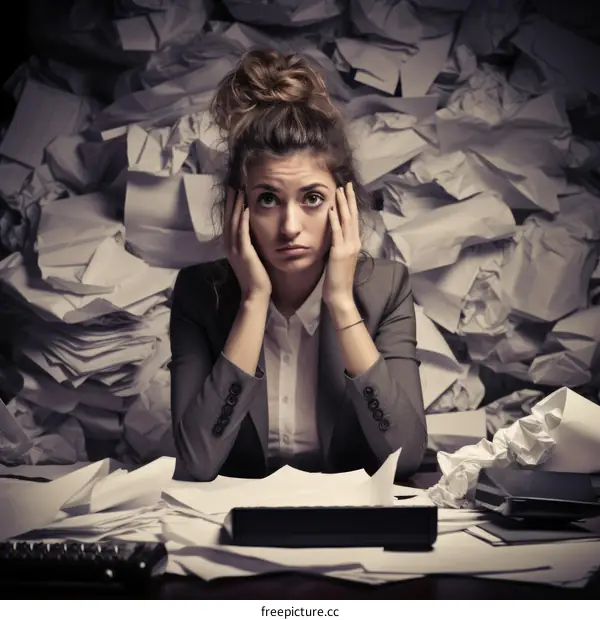 Young businesswoman drowning in paperwork