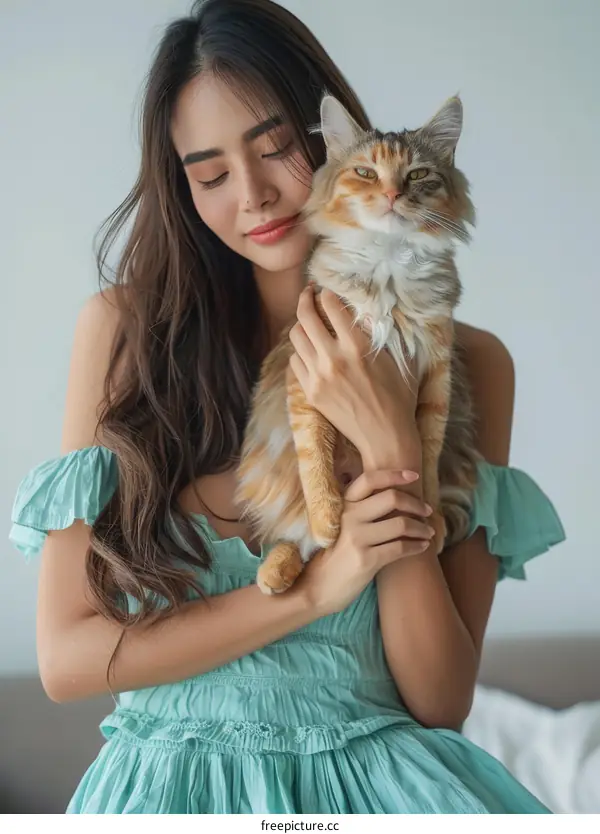 A young woman is holding a cat