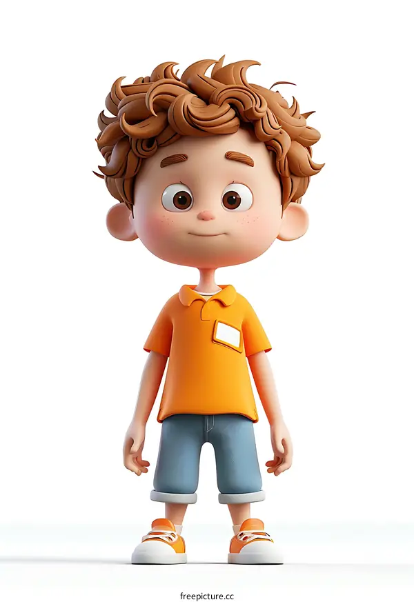 Cute 3D Character of a Boy with Brown Hair and Blue Eyes Wearing an Orange Shirt and Blue Jeans